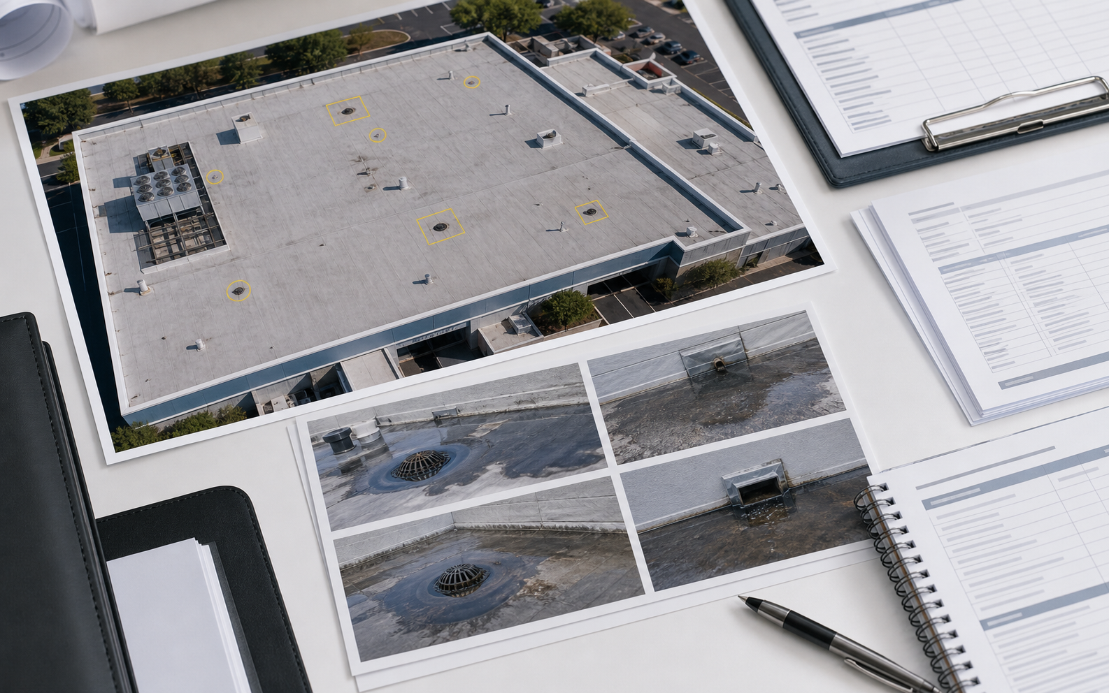 Commercial roof drainage evidence workspace with low-slope roof plan, drain and scupper photos, ponding water documentation, maintenance records, and reserve worksheet.